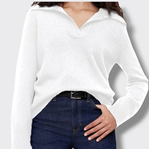 Crochetist - XL White Sweater Long Sleeve Polo V Neck Knit Pullover - Picture 2 of 7